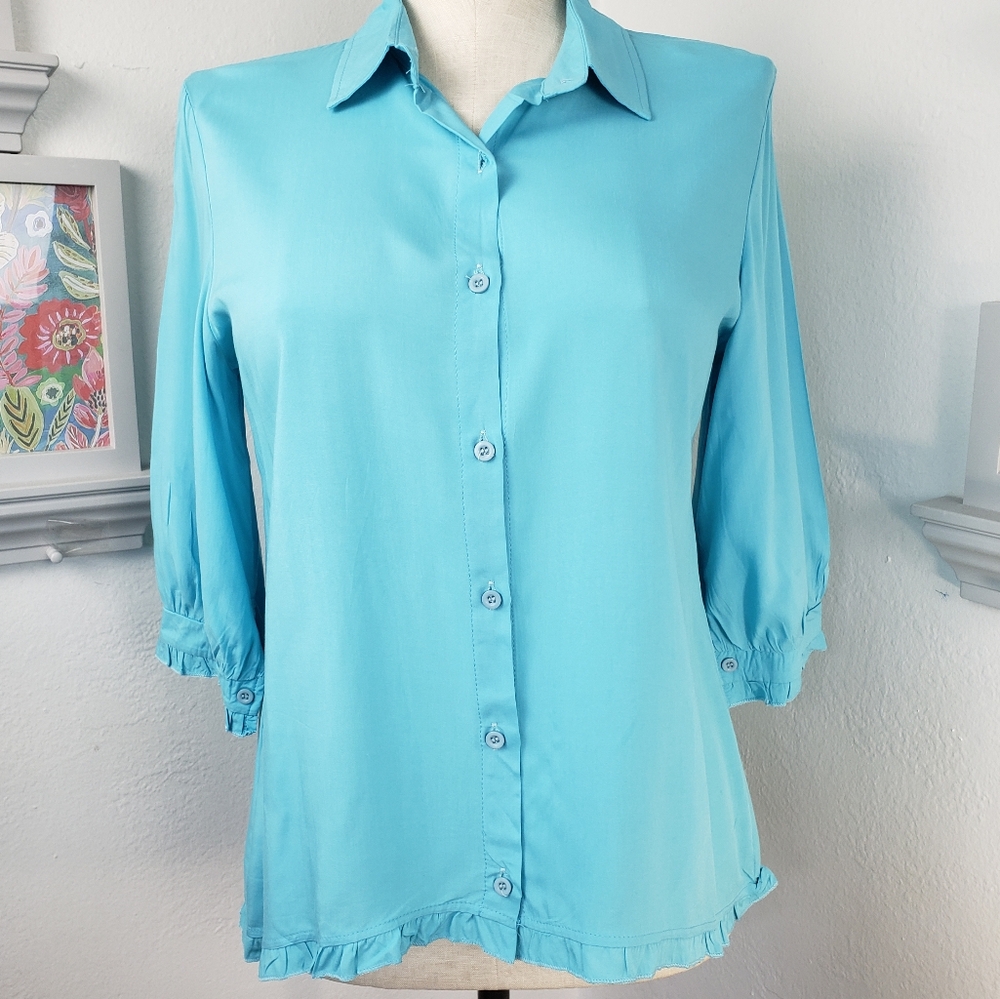 Turquoise Blue Button Down with Ruffles Tunic Hi Low sz Medium